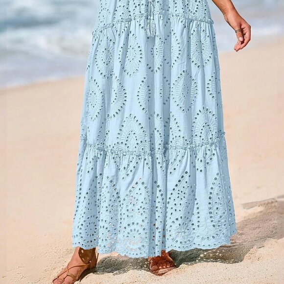 Light Blue Boho Women's Elastic High Waist Tiered A-Line Flowy Maxi Skirt - Picture 3 of 5
